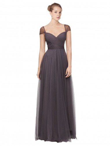 Compre Pewter línea A Cuello de Corazón Tul Largo Vestidos de dama de honor
