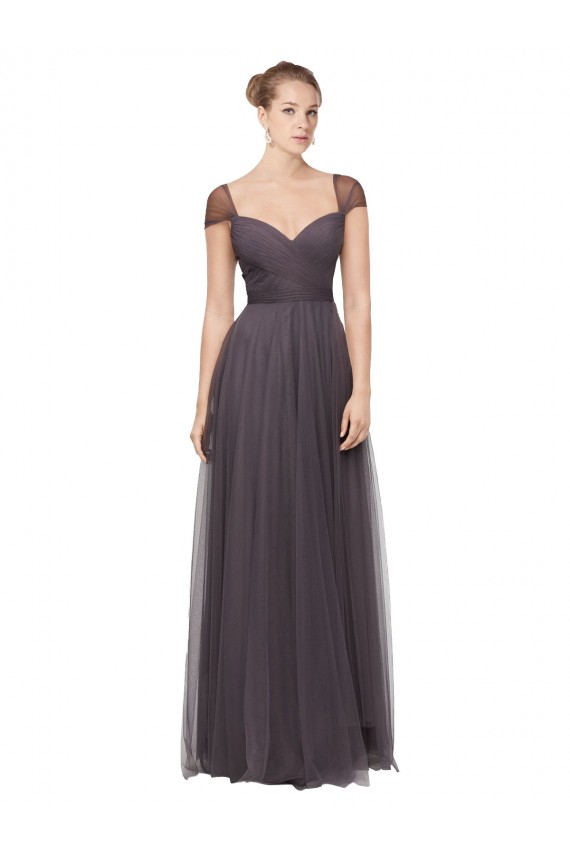 Compre Pewter línea A Cuello de Corazón Tul Largo Vestidos de dama de honor