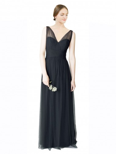 Compre Pewter línea A Cuello en V Cuello de Corazón Tul Largo Vestidos de dama de honor
