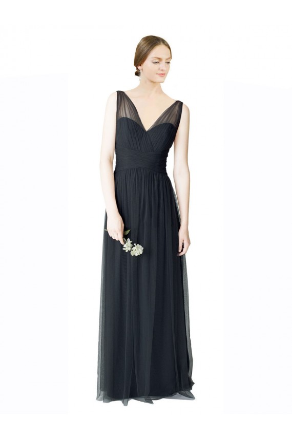 Compre Pewter línea A Cuello en V Cuello de Corazón Tul Largo Vestidos de dama de honor