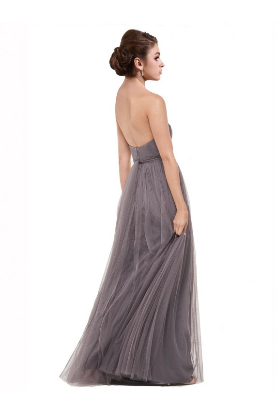 Compre Pewter línea A Tirantes espagueti Tul Largo Vestidos de dama de honor