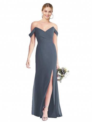 Compre Piedra Plata Trompeta Hombros Descubiertos Gasa Largo Vestidos de dama de honor