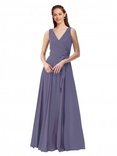 Compre Piedra Plata línea A Cuello en V Gasa Largo Vestidos de dama de honor