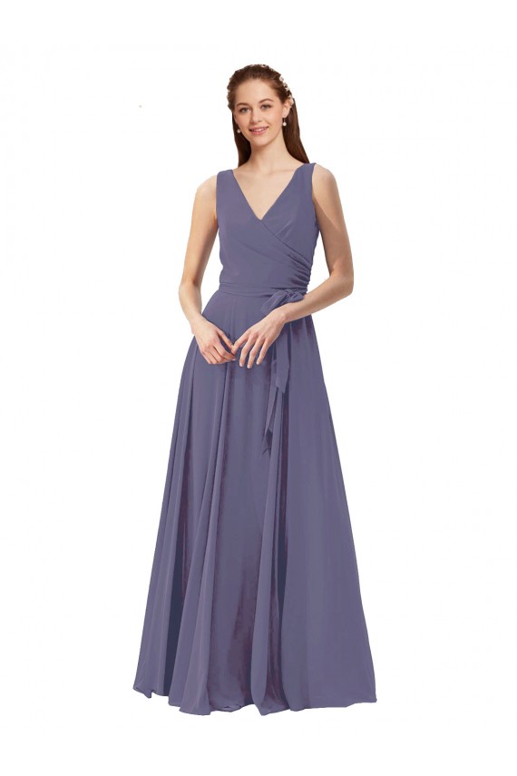 Compre Piedra Plata línea A Cuello en V Gasa Largo Vestidos de dama de honor