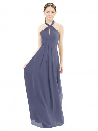 Compre Piedra Plata línea A Halter Gasa Largo Vestidos de dama de honor