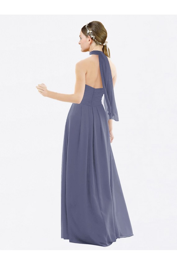 Compre Piedra Plata línea A Halter Gasa Largo Vestidos de dama de honor