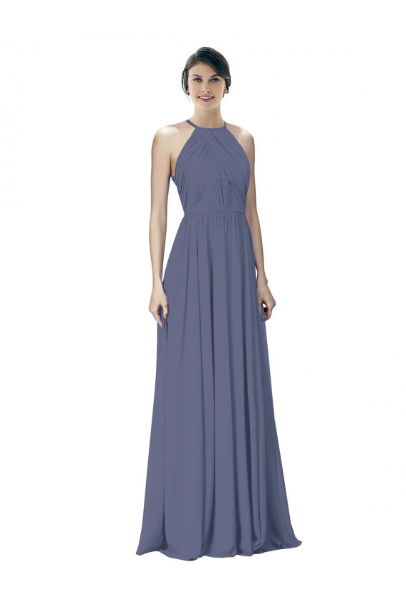 Compre Piedra Plata línea A Halter Gasa Largo Vestidos de dama de honor