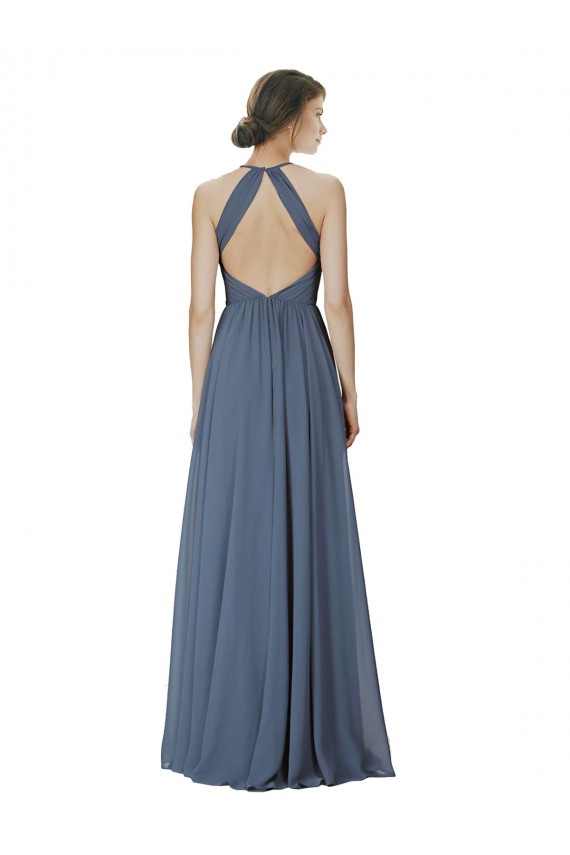 Compre Piedra Plata línea A Halter Gasa Largo Vestidos de dama de honor