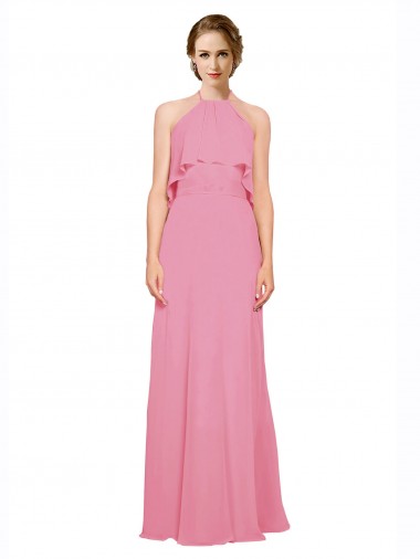 Compre Piel rosa línea A Halter Cuello Alto Gasa Largo Vestidos de dama de honor