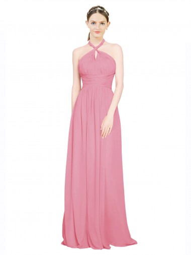 Compre Piel rosa línea A Halter Cuello en V Gasa Largo Vestidos de dama de honor