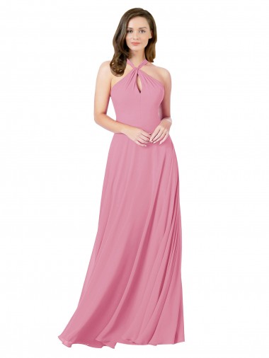 Compre Piel rosa línea A Halter Gasa Largo Vestidos de dama de honor / Vestidos de fiesta