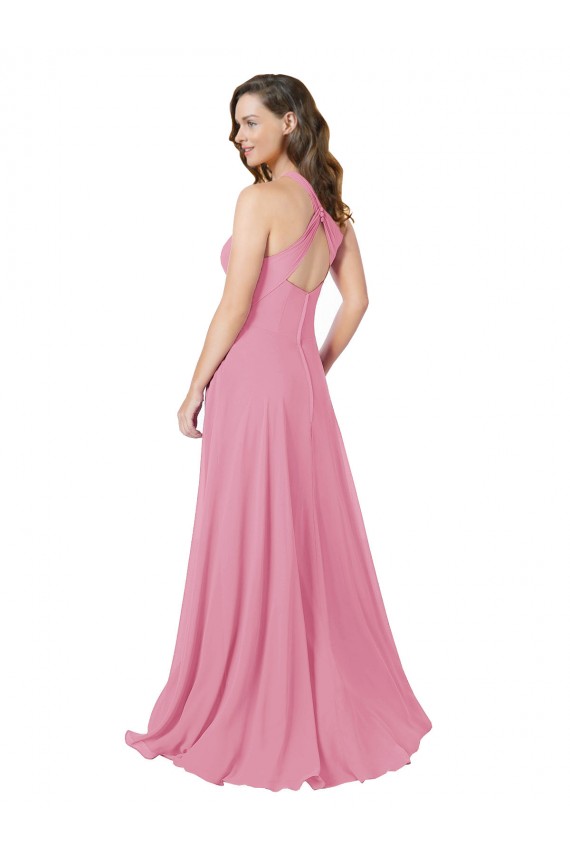 Compre Piel rosa línea A Halter Gasa Largo Vestidos de dama de honor / Vestidos de fiesta