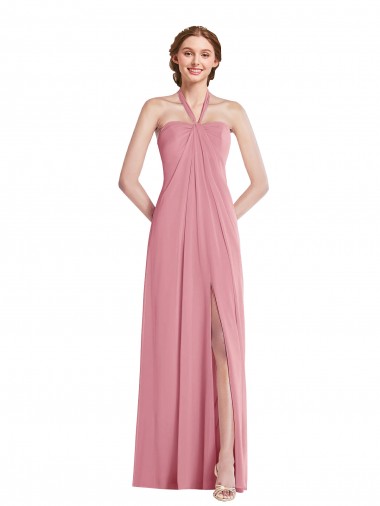 Compre Piel rosa línea A Halter Gasa Largo Vestidos de dama de honor