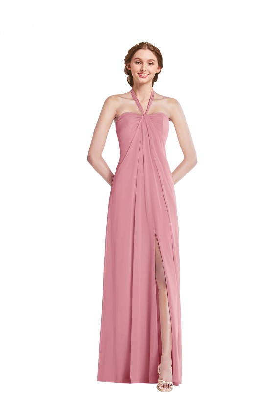 Compre Piel rosa línea A Halter Gasa Largo Vestidos de dama de honor