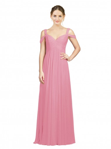 Compre Piel rosa línea A Hombros Descubiertos Gasa Largo Vestidos de dama de honor