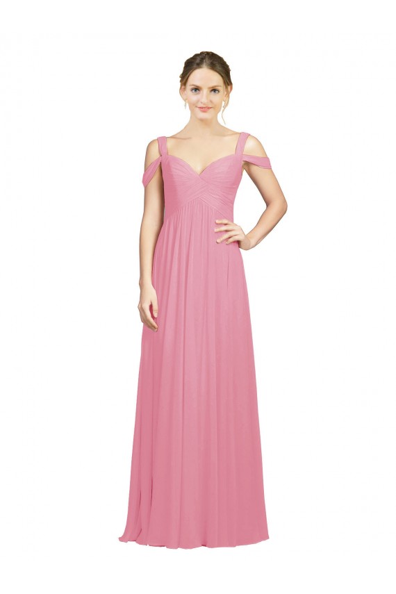 Compre Piel rosa línea A Hombros Descubiertos Gasa Largo Vestidos de dama de honor