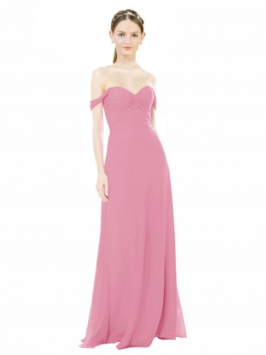 Compre Piel rosa línea A Hombros Descubiertos Gasa Largo Vestidos de dama de honor