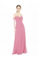 Compre Piel rosa línea A Hombros Descubiertos Gasa Largo Vestidos de dama de honor