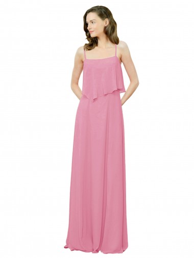 Compre Piel rosa línea A Tirantes espagueti Gasa Largo Vestidos de dama de honor