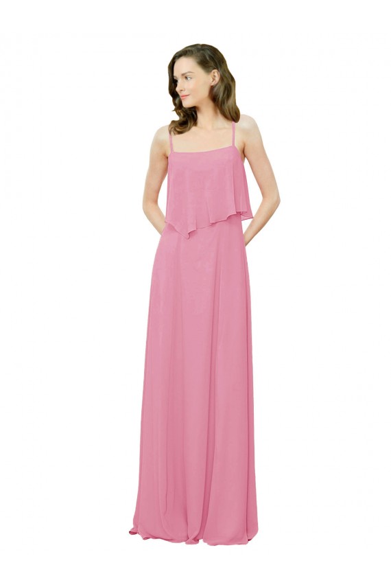 Compre Piel rosa línea A Tirantes espagueti Gasa Largo Vestidos de dama de honor