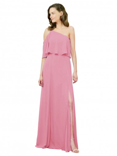 Compre Piel rosa línea A Un Hombre Gasa Largo Vestidos de dama de honor