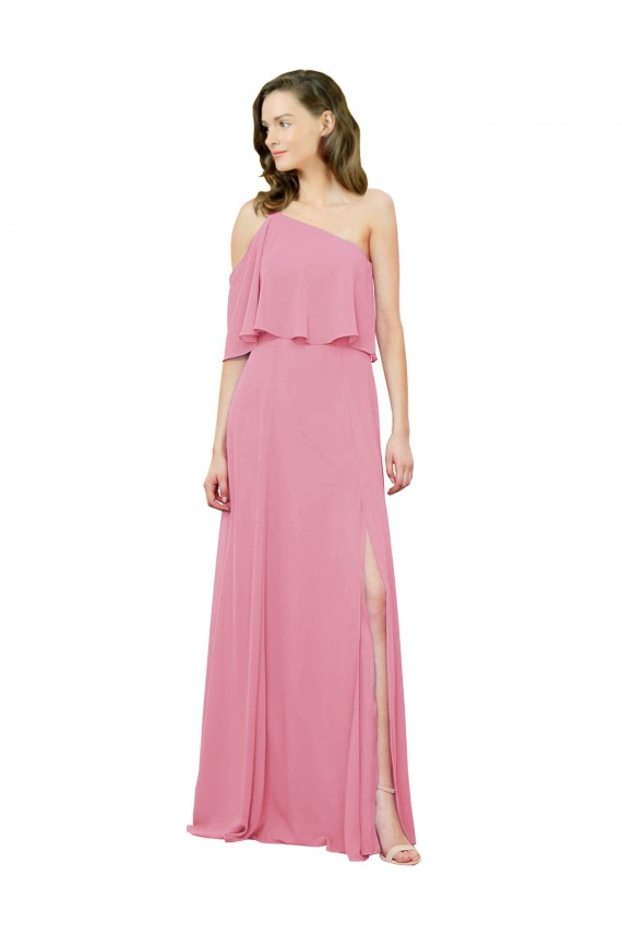 Compre Piel rosa línea A Un Hombre Gasa Largo Vestidos de dama de honor