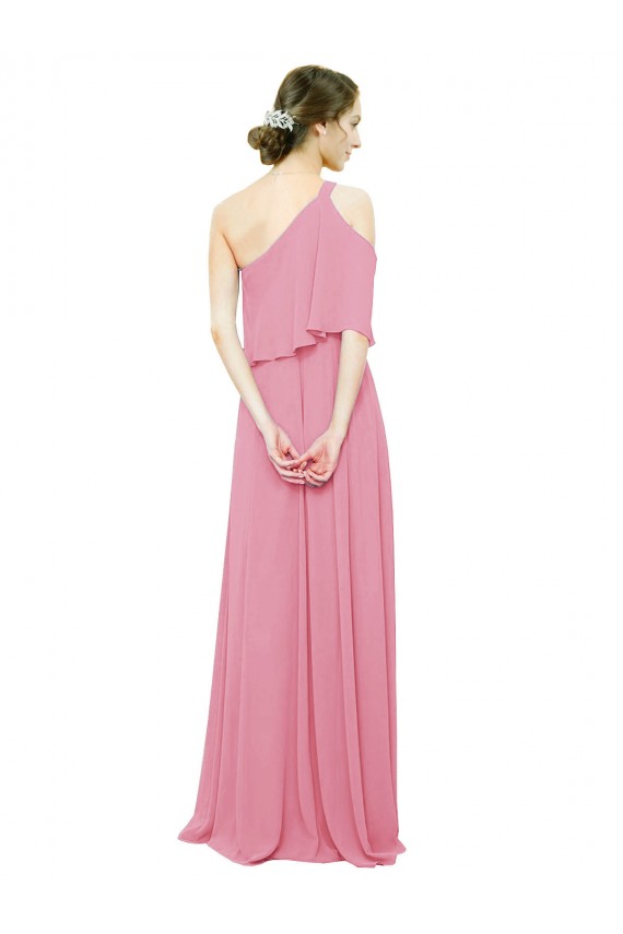 Compre Piel rosa línea A Un Hombre Gasa Largo Vestidos de dama de honor