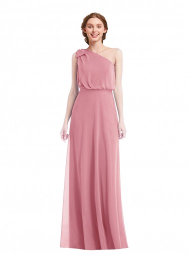 Compre Piel rosa línea A Un Hombre Gasa Largo Vestidos de dama de honor