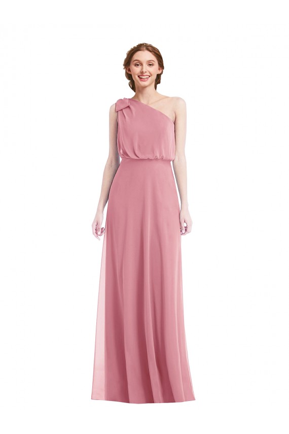 Compre Piel rosa línea A Un Hombre Gasa Largo Vestidos de dama de honor