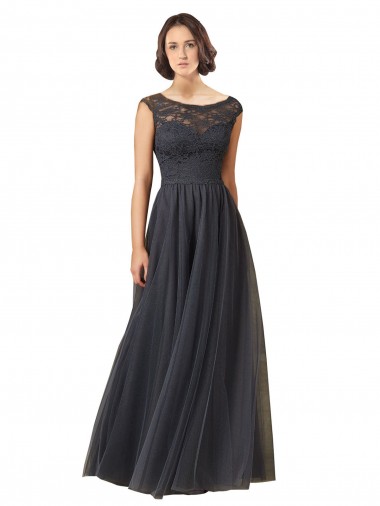 Compre Pizarra gris línea A Barco Tul Encaje Largo Vestidos de dama de honor