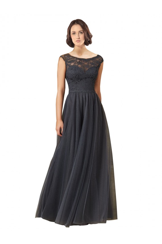 Compre Pizarra gris línea A Barco Tul Encaje Largo Vestidos de dama de honor