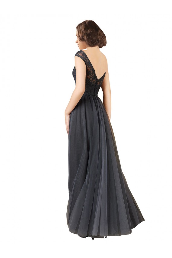 Compre Pizarra gris línea A Barco Tul Encaje Largo Vestidos de dama de honor