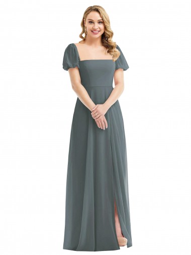 Compre Pizarra gris línea A Cuadrado Gasa Largo Vestidos de dama de honor