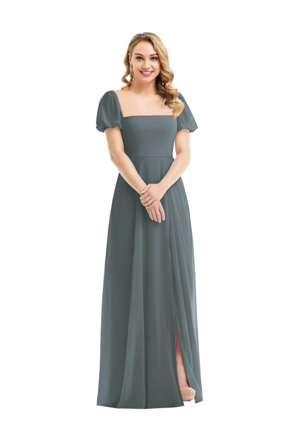 Compre Pizarra gris línea A Cuadrado Gasa Largo Vestidos de dama de honor