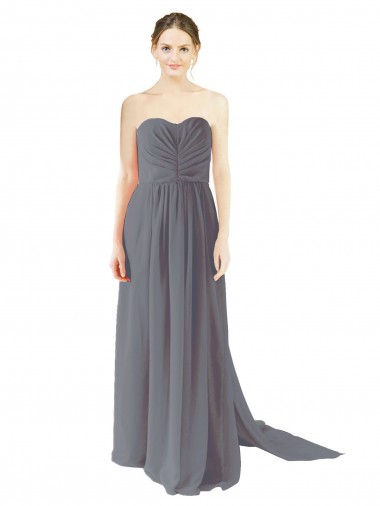 Compre Pizarra gris línea A Cuello de Corazón Gasa Largo Vestidos de dama de honor