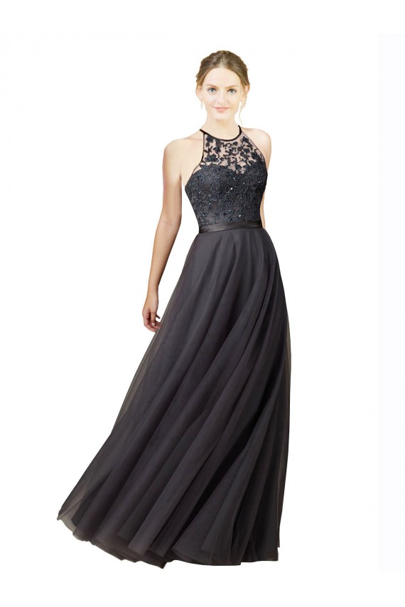 Compre Pizarra gris línea A Cuello de Corazón Tul Encaje Largo Vestidos de dama de honor