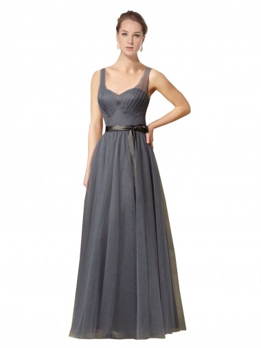 Compre Pizarra gris línea A Cuello de Corazón Tul Largo Vestidos de dama de honor