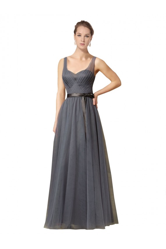 Compre Pizarra gris línea A Cuello de Corazón Tul Largo Vestidos de dama de honor