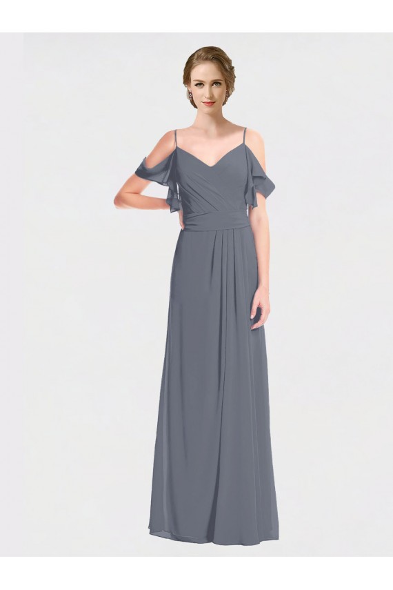 Compre Pizarra gris línea A Hombros Descubiertos Cuello en V Gasa Largo Vestidos de dama de honor