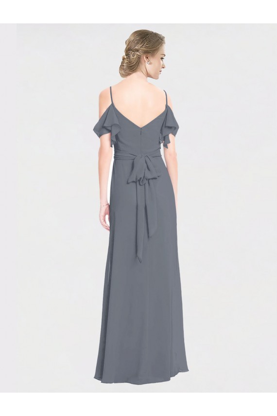 Compre Pizarra gris línea A Hombros Descubiertos Cuello en V Gasa Largo Vestidos de dama de honor