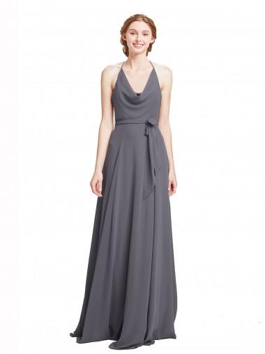 Compre Pizarra gris línea A Tirantes espagueti Halter Gasa Largo Vestidos de dama de honor