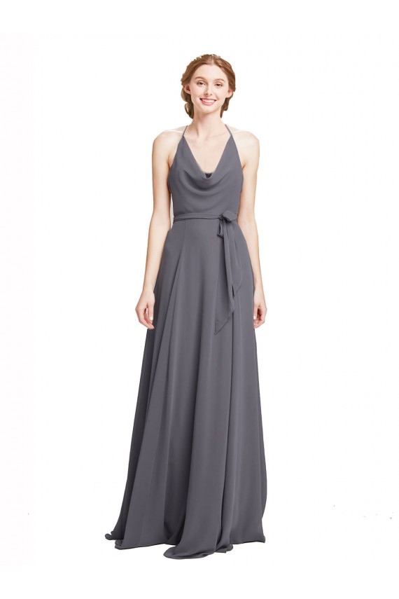 Compre Pizarra gris línea A Tirantes espagueti Halter Gasa Largo Vestidos de dama de honor