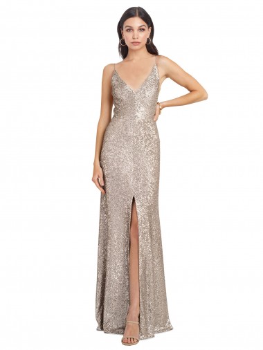 Compre Plata Cubierta Cuello en V Cuello Alto Lentejuela Lentejuelas brillantes Largo Formales Vestidos de dama de honor / Vestidos de fiesta