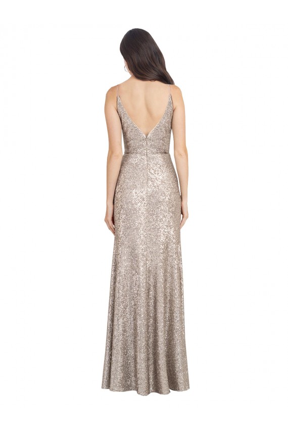 Compre Plata Cubierta Cuello en V Cuello Alto Lentejuela Lentejuelas brillantes Largo Formales Vestidos de dama de honor / Vestidos de fiesta