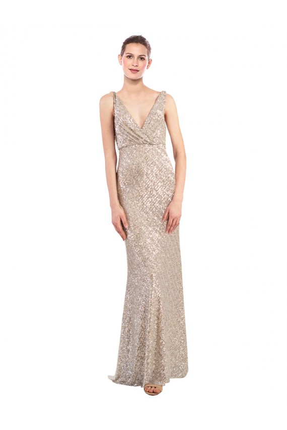 Compre Plata Cubierta Cuello en V Lentejuela Lentejuelas brillantes Largo Formales Vestidos de dama de honor / Vestidos de fiesta
