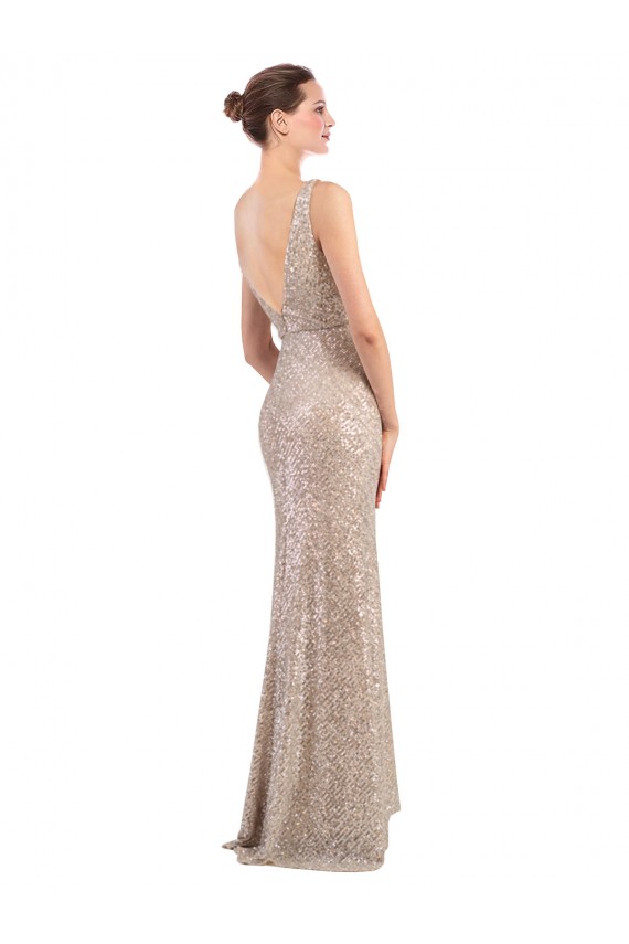 Compre Plata Cubierta Cuello en V Lentejuela Lentejuelas brillantes Largo Formales Vestidos de dama de honor / Vestidos de fiesta