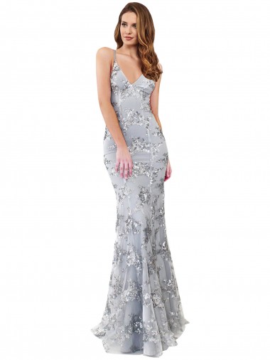 Compre Plata Sirena Cuello en V Cuello Alto Crepé Elástico Lentejuela Tul Largo Formales Vestidos de dama de honor / Vestidos de fiesta