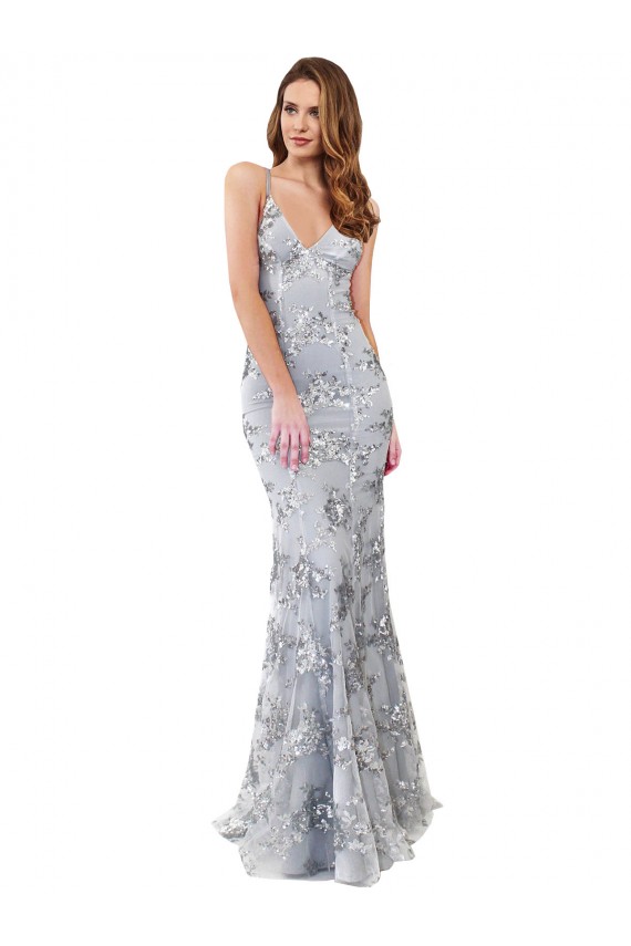 Compre Plata Sirena Cuello en V Cuello Alto Crepé Elástico Lentejuela Tul Largo Formales Vestidos de dama de honor / Vestidos de fiesta