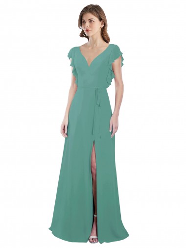 Compre Plata islandesa línea A Cuello en V Gasa Largo Vestidos de dama de honor