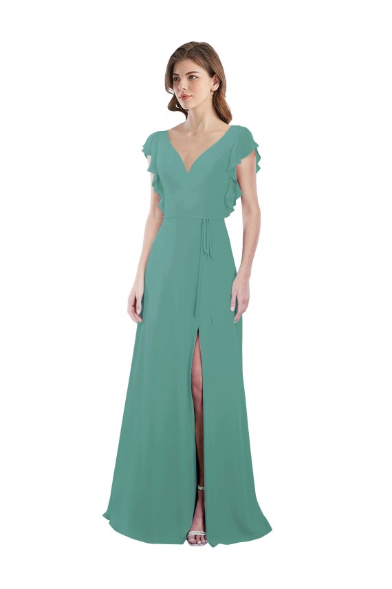 Compre Plata islandesa línea A Cuello en V Gasa Largo Vestidos de dama de honor